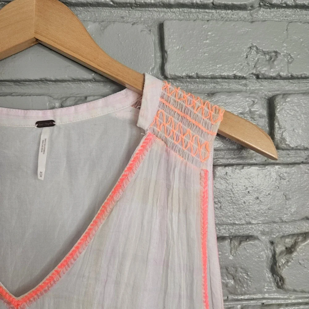 Free People White Cotton Gauze Embroidered Neon Orange Tunic Top Size‎ M Boho